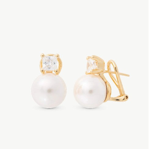 Omega Clasp Earrings with Pearl and Square Zirconia