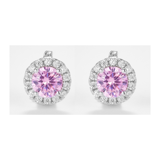 Light Pink Cluster Round Brilliant-Cut Earrings in 925 Sterling Silver