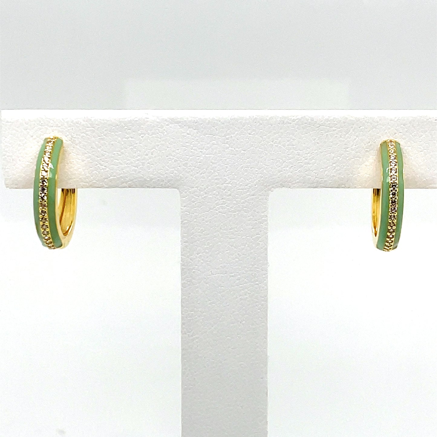 SMALTO - Silver 925 Gold Plated & Light Green Enamel Hoop Looped Earrings