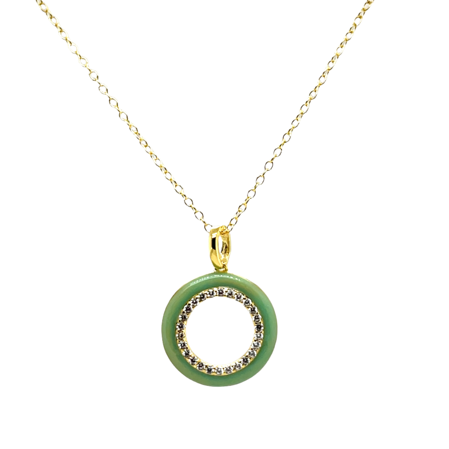 SMALTO - Silver 925 Gold Plated & Light Green Enamel Pendant Necklace