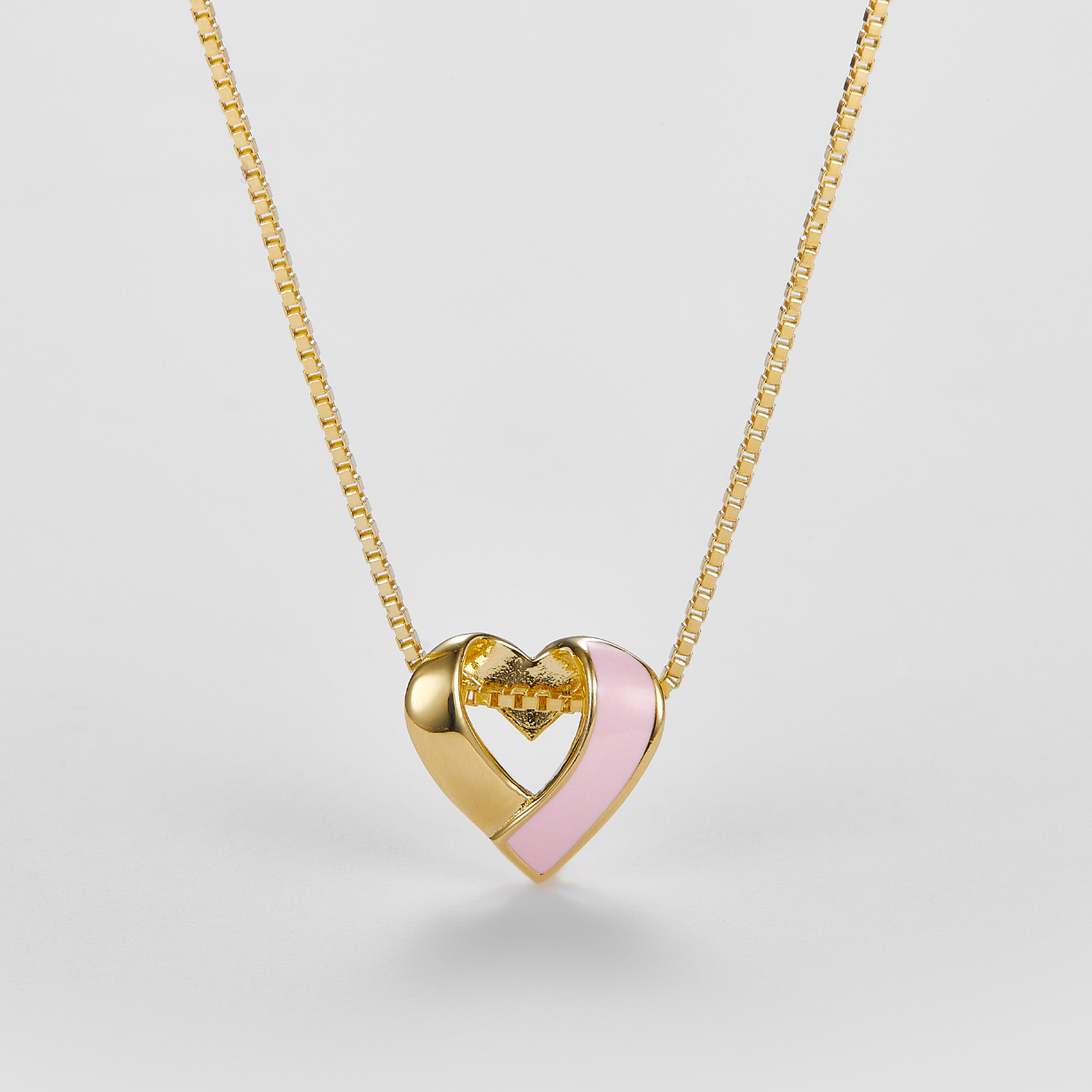 SMALTO Silver Heart Necklace – Yellow Gold with Pink Enamel
