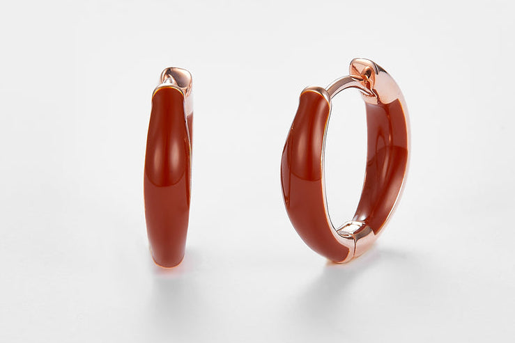 SMALTO Silver Hoop Earrings – Pink Gold with Brown Enamel