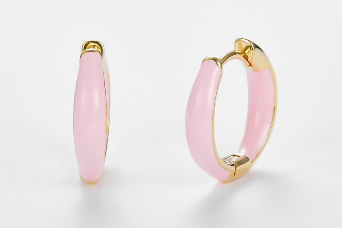 SMALTO Silver Hoop Earrings – Yellow Gold with Pink Enamel