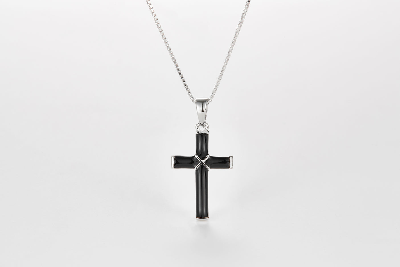 SMALTO Silver Cross Necklace – White Rhodium with Black Enamel