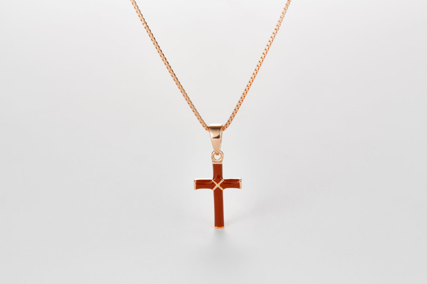 SMALTO Silver Small Cross Necklace – Pink Gold with Brown Enamel