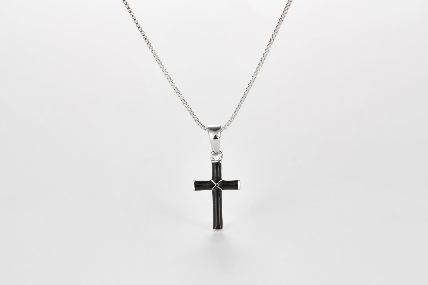SMALTO Silver Small Cross Necklace – White Rhodium with Black Enamel