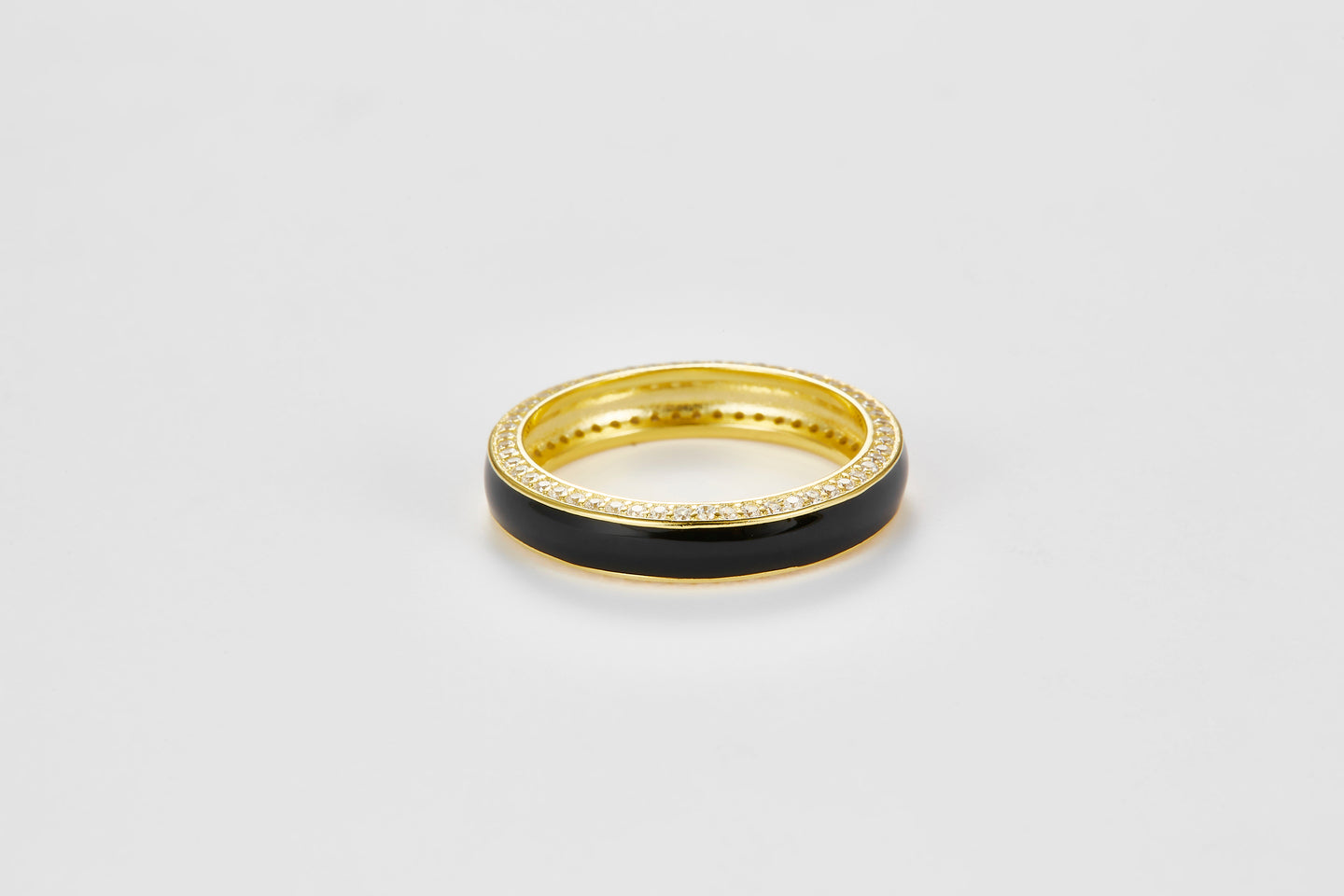 SMALTO Silver Enamel Ring – Yellow Gold with Black Enamel & Zirconia Accents