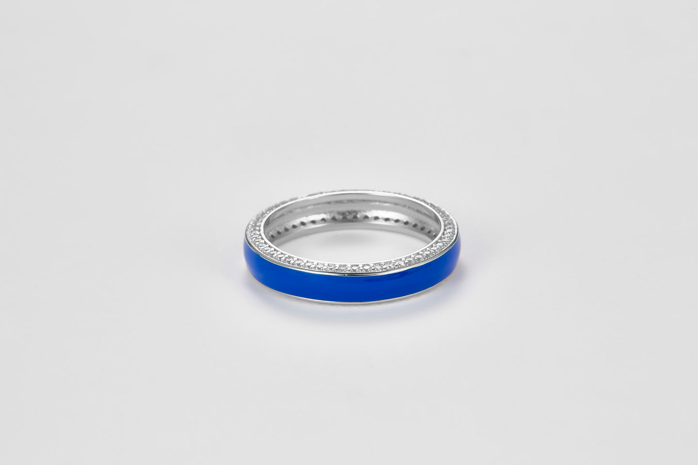 SMALTO Silver Enamel Ring – White Rhodium with Blue Enamel & Zirconia Accents