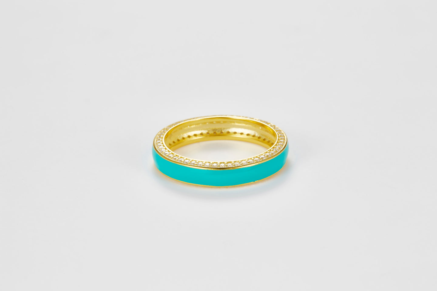 SMALTO Silver Enamel Ring – Yellow Gold with Turquoise Enamel & Zirconia Accents