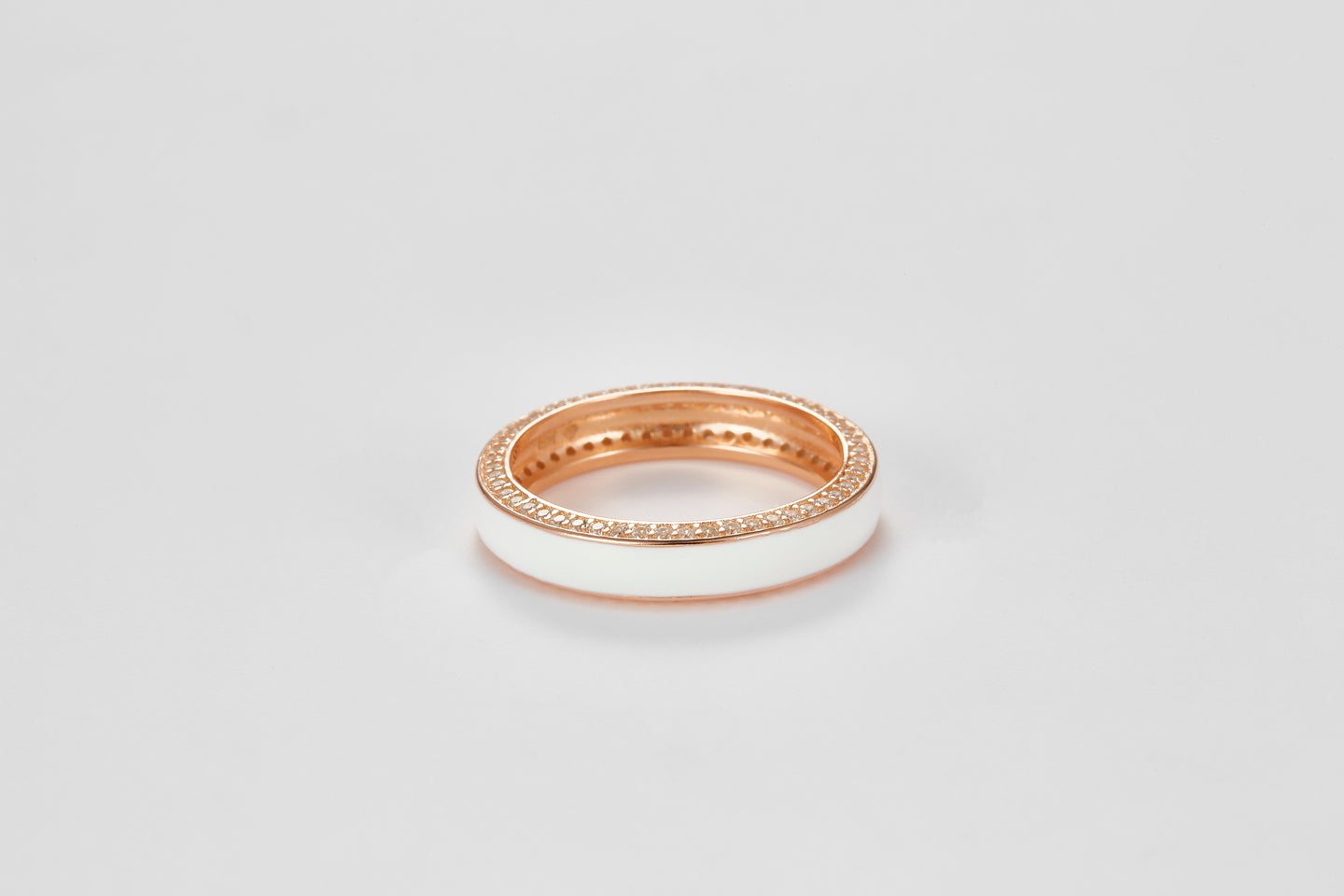 SMALTO Silver Enamel Ring – Pink Gold with White Enamel & Zirconia Accents