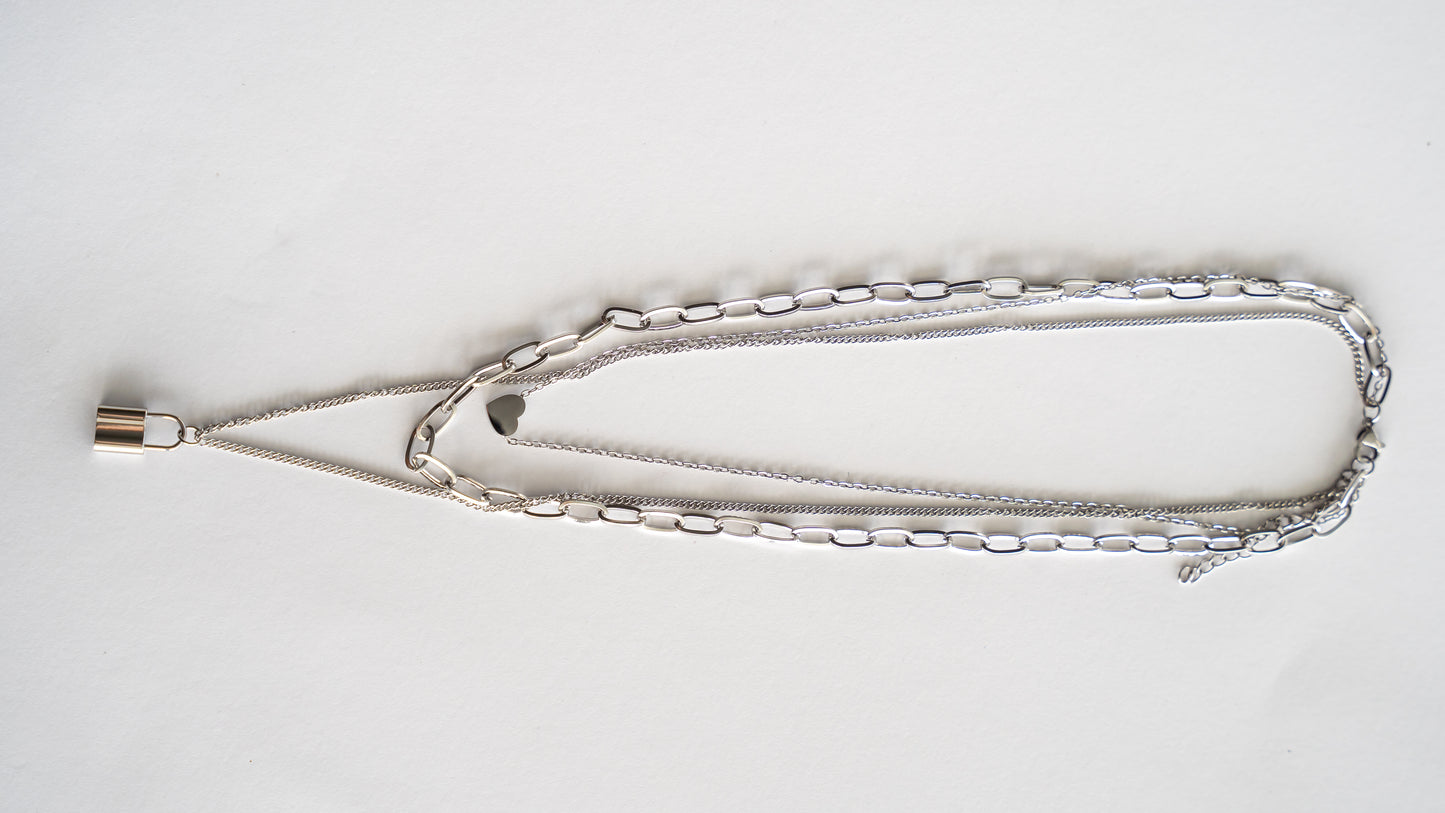 Layered Heart & Lock Silver Necklace - NE270301S