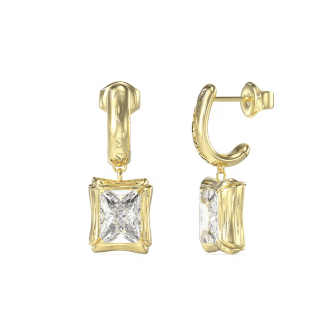 Gold Plated Bamboo & Rectangle Crystal Drop Hoop Guess Earrings UBE05172YG