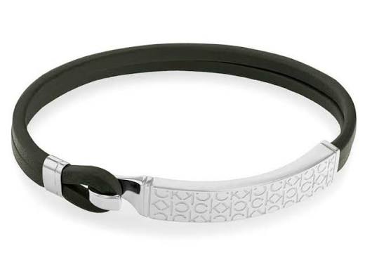 Calvin Klein Monogram Engraved ID / Black Leather & Silver-Tone Stainless Steel Men's Bracelet 35000407