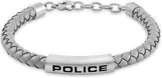 Police Skyfall Stainless Steel Emblem Grey Leather Bracelet for Men PEAGB0079602