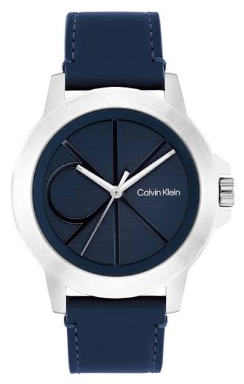 Calvin Klein Monogram Graphic / Radial Etched Blue Dial Men's Leather Watch 25200526