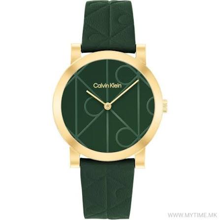 Calvin Klein Monogram Geometric / Embossed Green Leather & Gold-Tone Dial Watch 25100129
