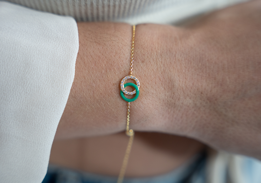 SMALTO - Silver 925 Gold Plated & Green Enamel Intertwined Bracelet