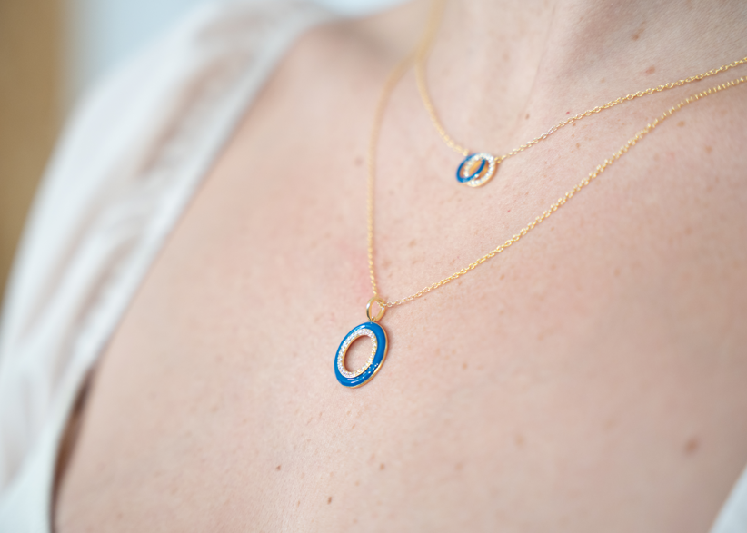 SMALTO - Silver 925 Gold Plated & Blue Enamel Pendant Necklace