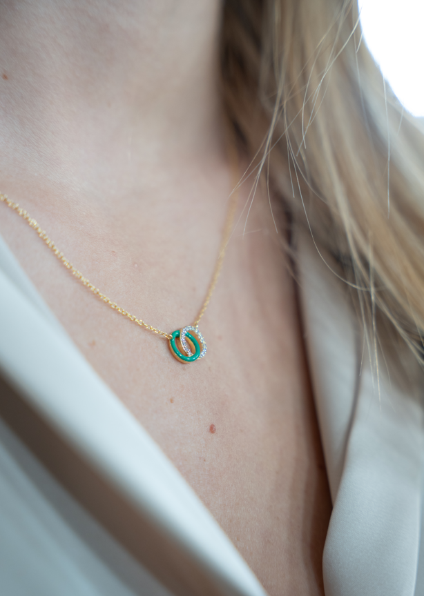 SMALTO - Silver 925 Gold Plated and Green Enamel Intertwined Necklace