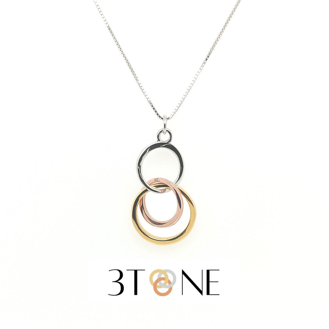 3Tone Collection by Sterling Jewellers Malta Fine Box Chain with Ring Sphere Intertwining Circles Loops Pendant in Rose Gold, Yellow Gold and Silver 925