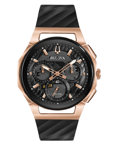 Bulova CURV Men s Chronograph Rose Gold Black Dial Watch 98A185 Sterling Holdings