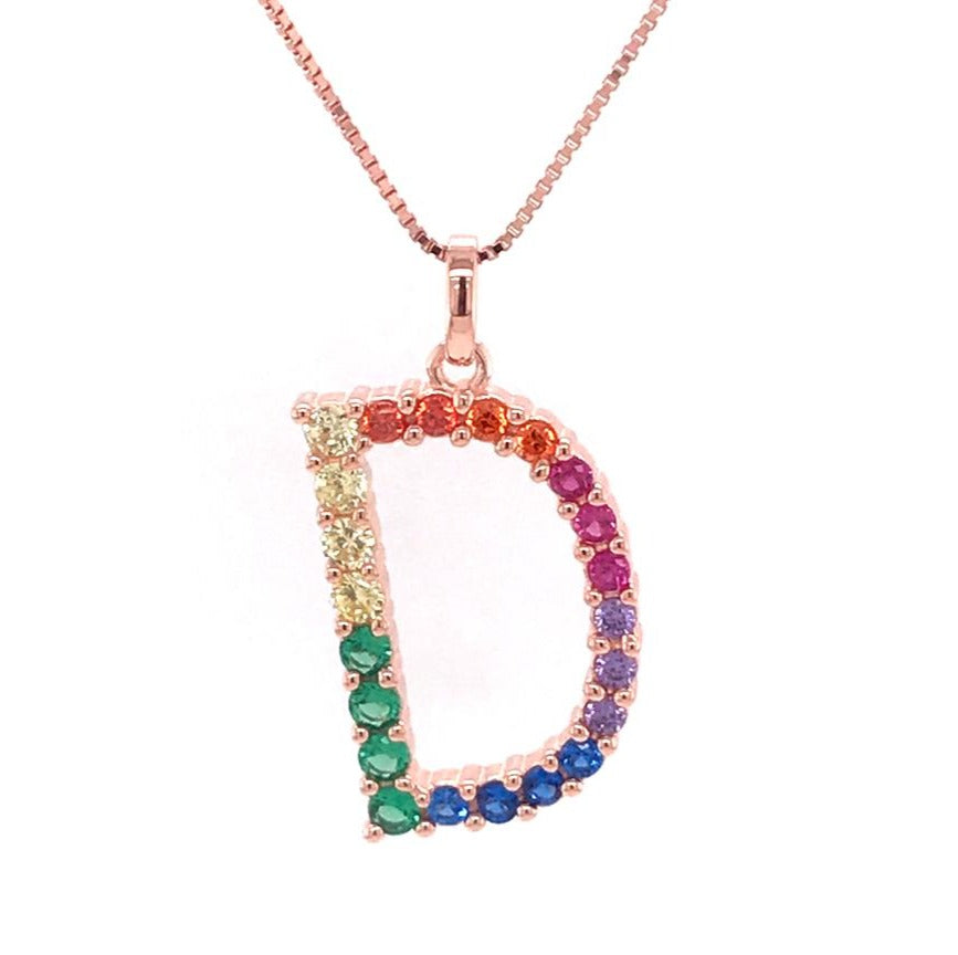 Silver 925 Rainbow Initial Necklace - D