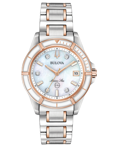 Bulova Marine Star White Mother-of-Pearl Dial Diamond Watch 98P187