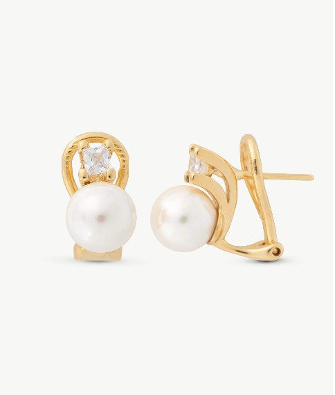 Omega Closure Gold Earrings with Spike, Pearl and Zirconia