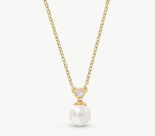 Gold Pendant Necklace with Pearl and Round Zirconia