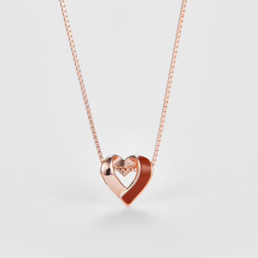 SMALTO Silver Heart Necklace – Pink Gold with Brown Enamel