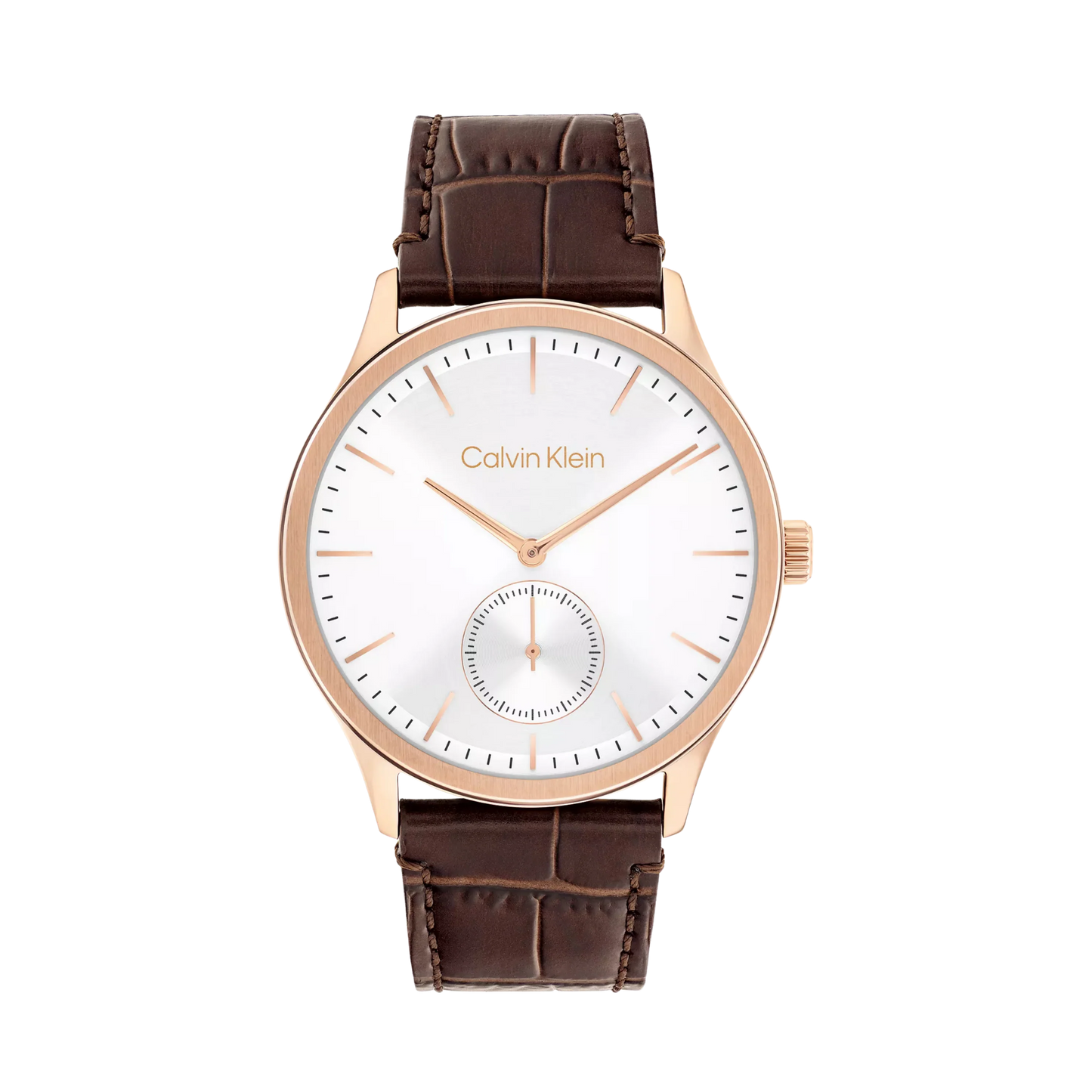 Calvin Klein Classic / Minimal Small Seconds Silver Dial Rose Gold-Tone Men's Leather Watch 25200553