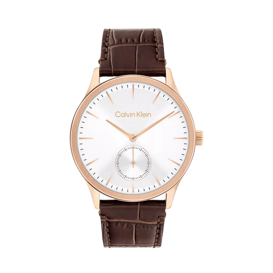 Calvin Klein Classic / Minimal Small Seconds Silver Dial Rose Gold-Tone Men's Leather Watch 25200553