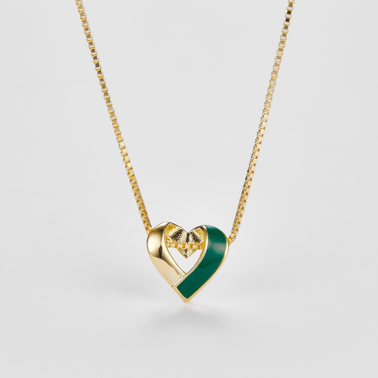 SMALTO Silver Heart Necklace – Yellow Gold with Green Enamel