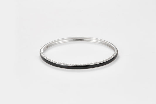 SMALTO Silver Bangle - White Rhodium with Black Enamel