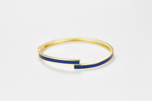 SMALTO Silver Twist Bangle - Yellow Gold with Blue Enamel