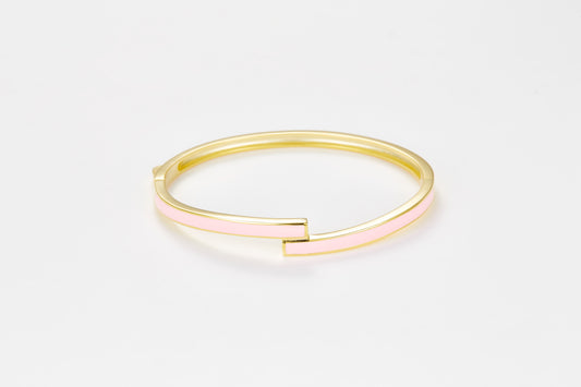 SMALTO Silver Twist Bangle - Yellow Gold with Pink Enamel
