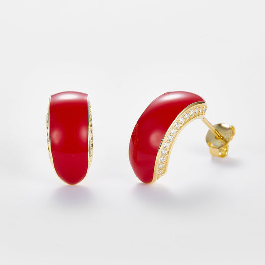 SMALTO Silver Stud Earring – Yellow Gold with Red Enamel