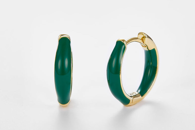 SMALTO Silver Hoop Earrings – Yellow Gold with Green Enamel