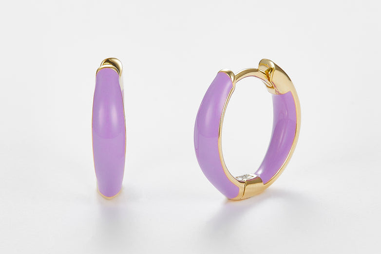 SMALTO Silver Hoop Earrings – Yellow Gold with Purple Enamel