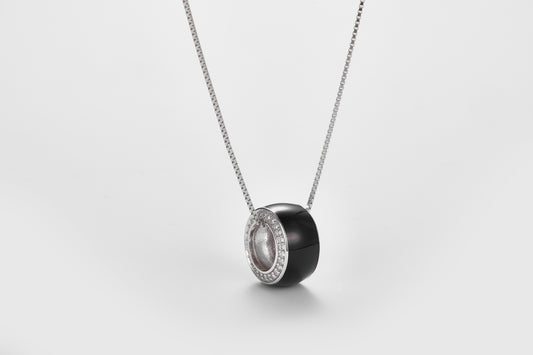 SMALTO Silver Round Necklace – White Rhodium with Black Enamel
