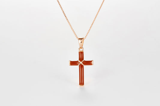 SMALTO Silver Cross Necklace – Pink Gold with Brown Enamel