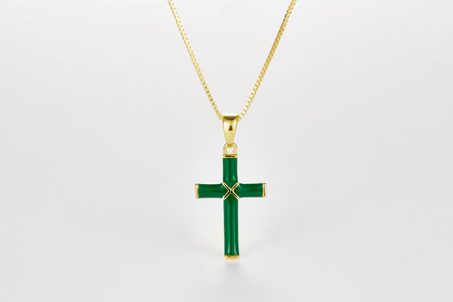 SMALTO Silver Cross Necklace – Yellow Gold with Green Enamel