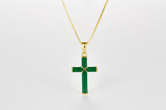 SMALTO Silver Cross Necklace – Yellow Gold with Green Enamel