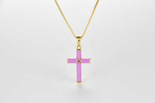 SMALTO Silver Cross Necklace – Yellow Gold Plating with Purple Enamel