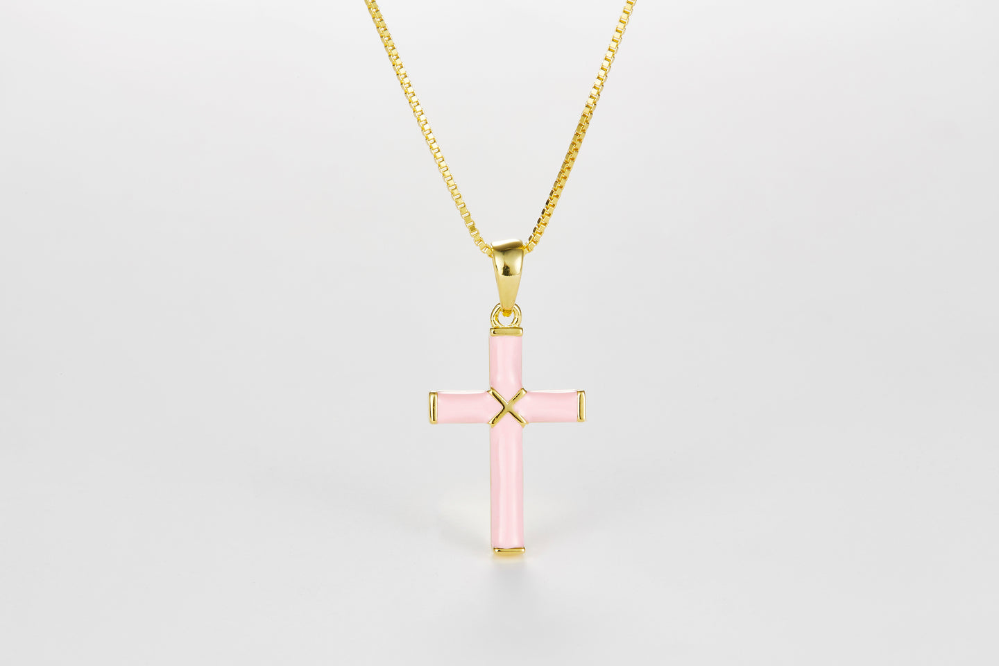 SMALTO Silver Small Cross Necklace – Yellow Gold Plated with Pink Enamel