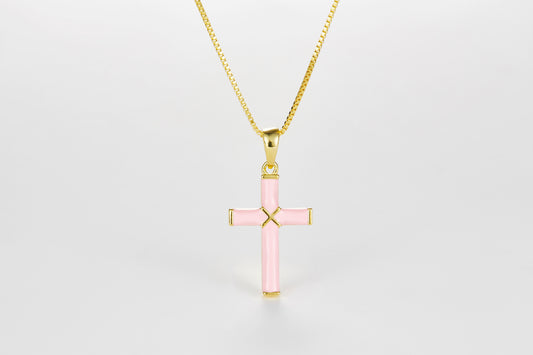 SMALTO Silver Small Cross Necklace – Yellow Gold Plated with Pink Enamel