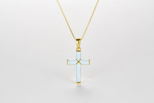 SMALTO Silver Small Cross Necklace – Yellow Gold with Celeste Enamel