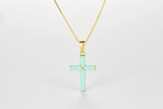 SMALTO Silver Small Cross Necklace – Yellow Gold with Turquoise Enamel