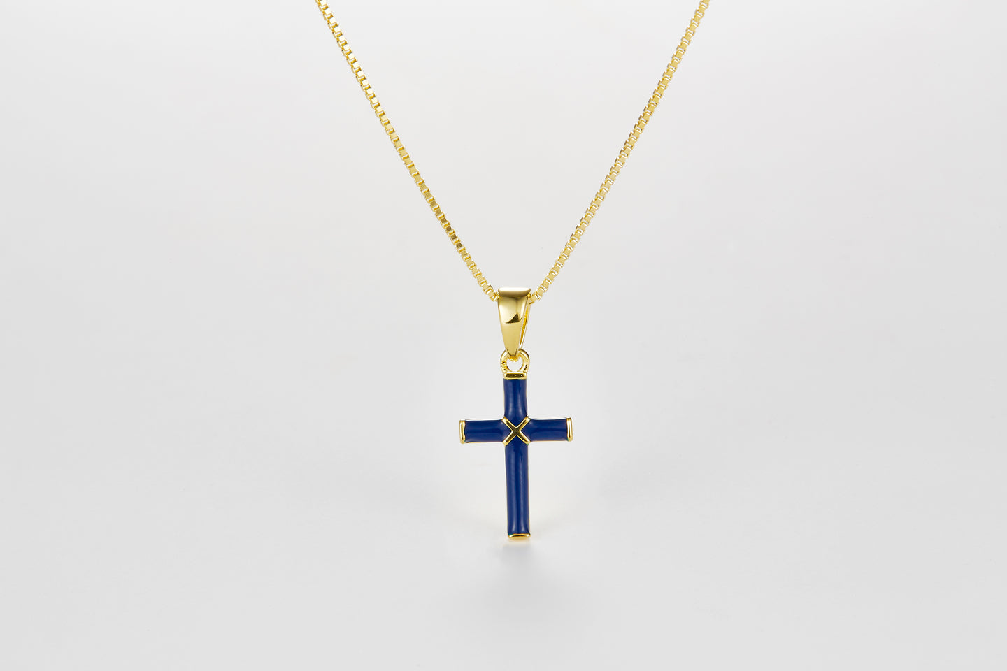 SMALTO Silver Small Cross Necklace – Yellow Gold with Blue Enamel