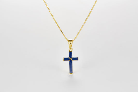 SMALTO Silver Small Cross Necklace – Yellow Gold with Blue Enamel